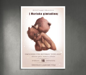 Kvietimas į gimtadienį dviem apsikabinusiais meškučiais